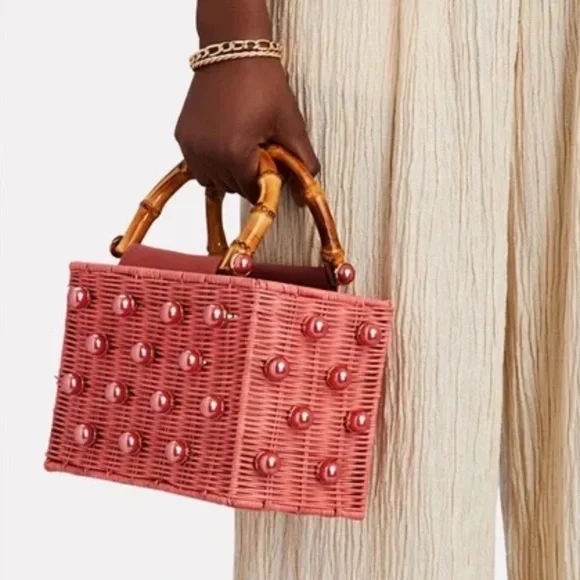 NWT BTB Los Angeles Chloe Pearly Rattan Box Top-Handle Bag - Picture 1 of 8